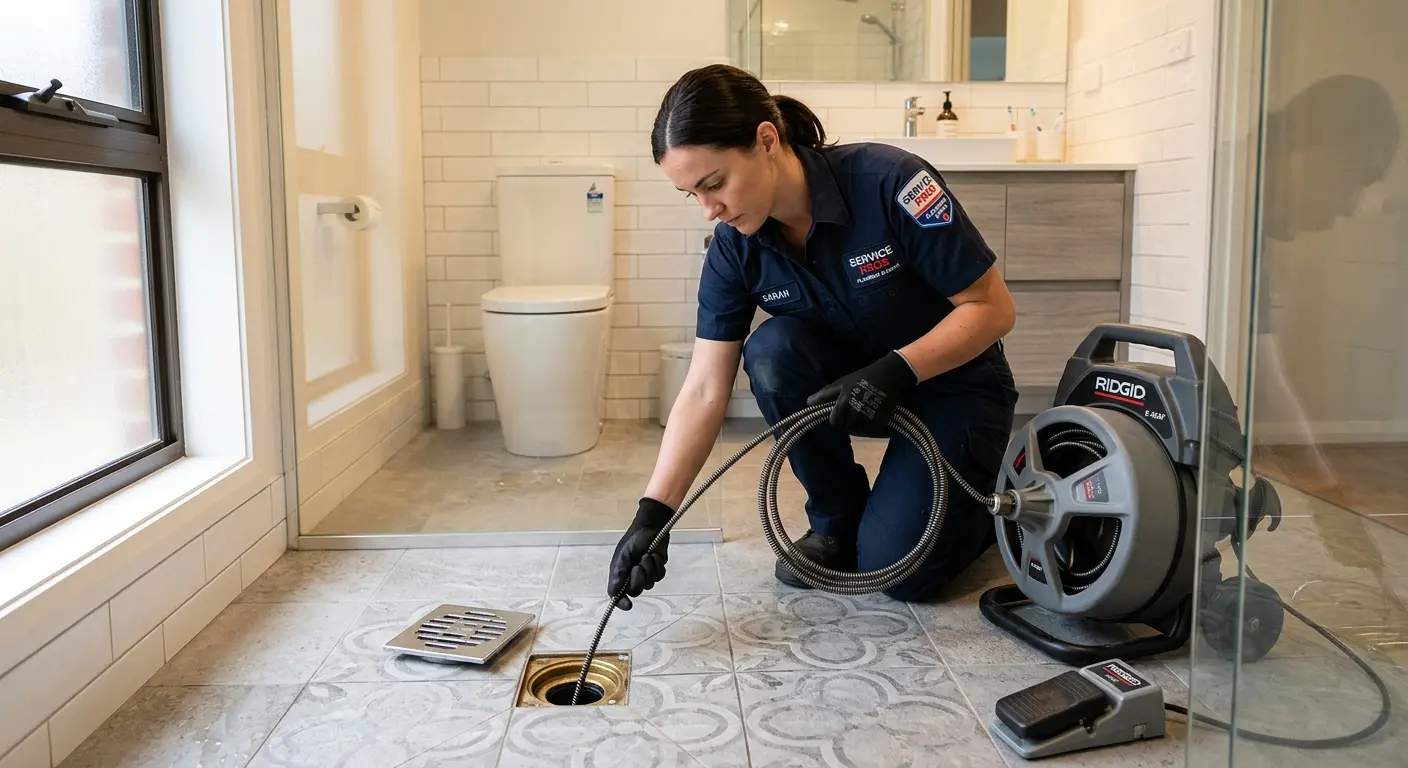 Technician clearing a bathroom floor drain for Sewer Line Replacement in Paradise